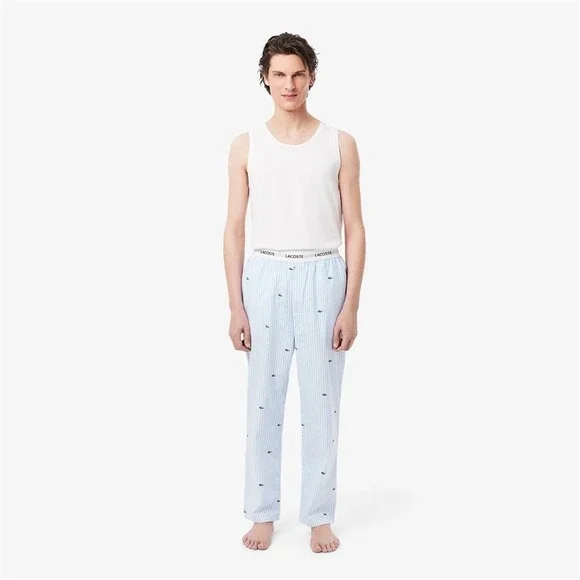 NWT Lacoste L Printed Alligator Striped Cotton Pajama Top & Bottom 131110